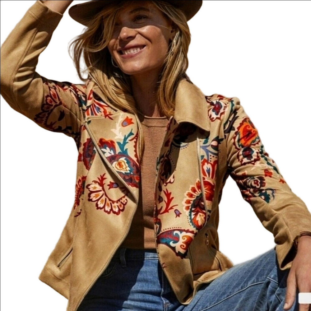 CHICO'S ARTISANAL TAN FAUX SUEDE WOMEN'S JACKET WITH MULTICOLOR PAISLEY DESIGNS - Picture 2 of 12